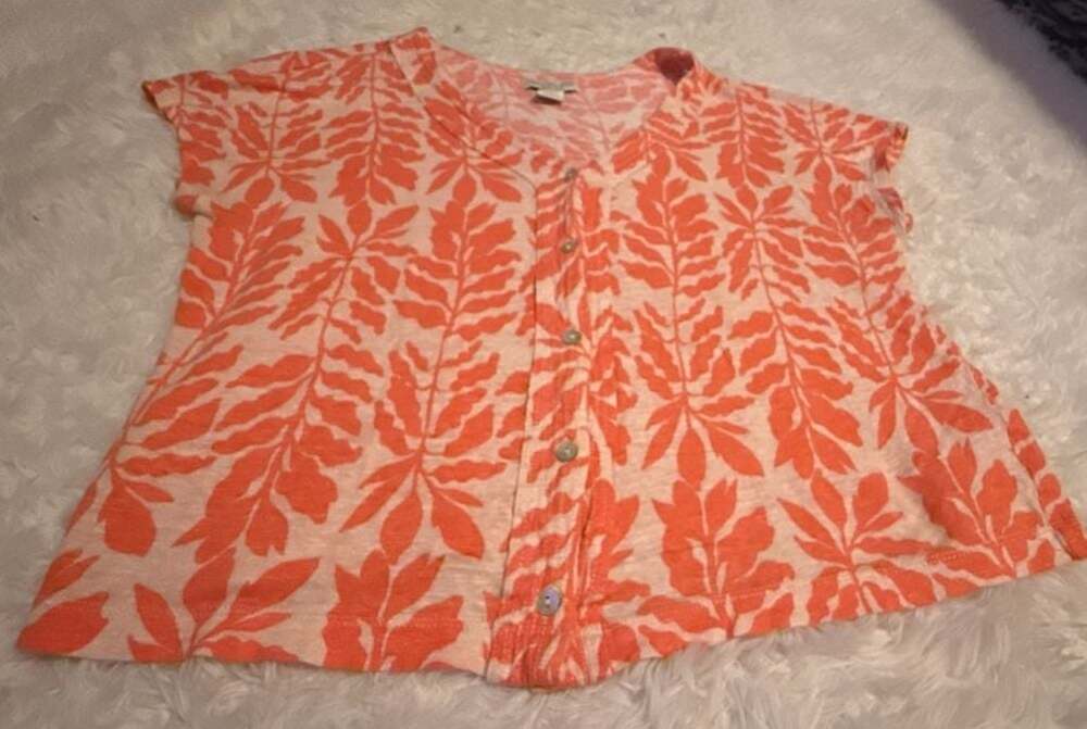 Rachel Zoe 100% Linen Orange and White Leaf Print Button-Front Top